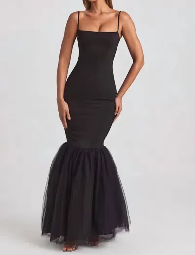 Oh Polly Adelpha Tulle Hem Fishtail Gown In Black