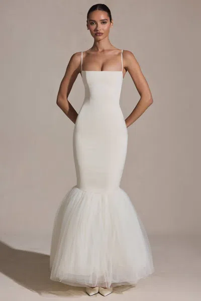 Oh Polly Adelpha Tulle Hem Fishtail Gown In Ivory In White