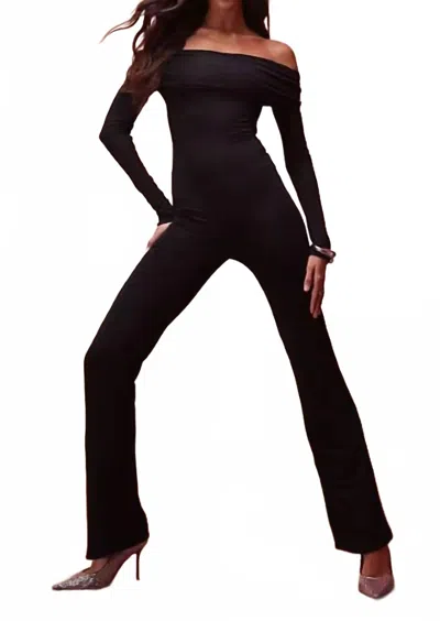 Oh Polly Agnesa Modal Off Shoulder Ruched Jumpsuit In Black