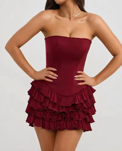 Oh Polly Bandeau Ruffled Tiered Corset Mini Dress In Berry Red