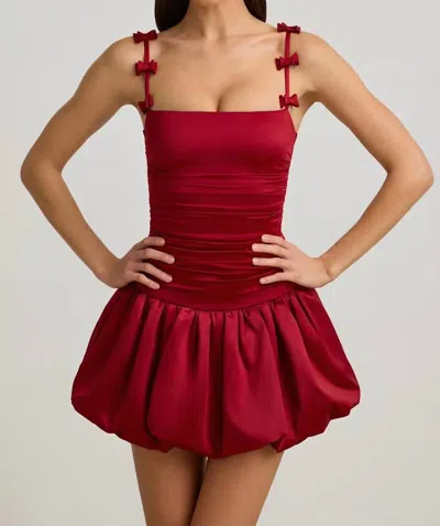 Oh Polly Cirilla Bow-detail Ruched Bubble Hem Mini Dress In True Red