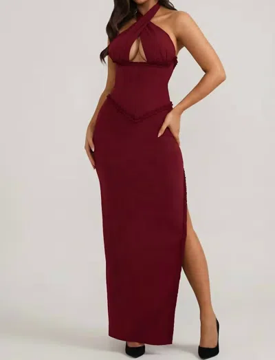 Oh Polly Halterneck Lace-up Corset Maxi Dress In Berry Red In Brown