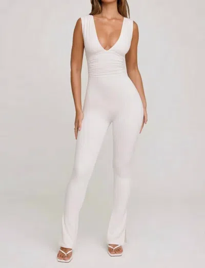 Oh Polly Romana Plunge Neck Ruched Waist Jumpsuit In White