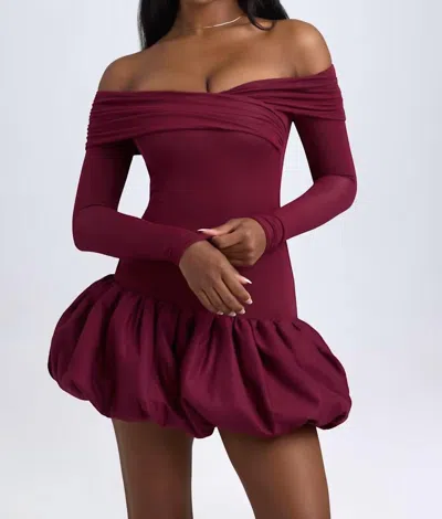 Oh Polly Serra Modal Off-shoulder Bubble Hem Mini Dress In Wine Red In Burgundy