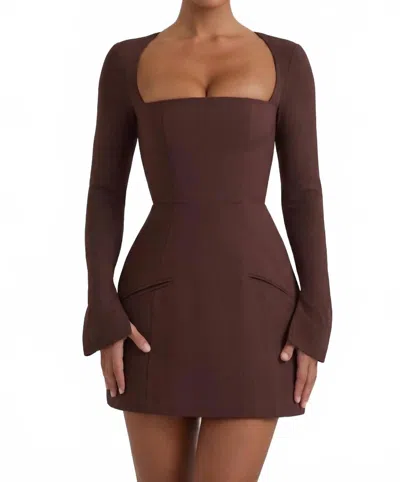 Oh Polly Taesha Square-neck Structured Tulip Mini Dress In Chocolate Brown
