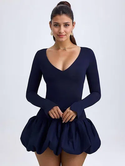 Oh Polly Tallou Modal Drop-waist Bubble Hem Mini Dress In Navy In Blue