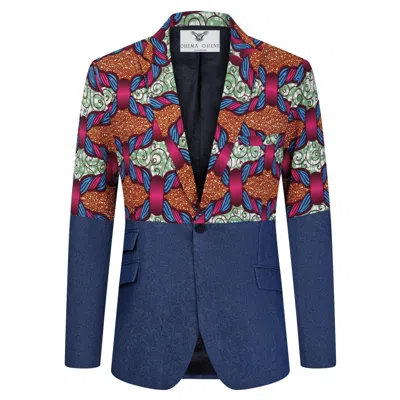 Ohema Ohene Blue Men's Denim & African Print Cotton Blazer – Split Panel