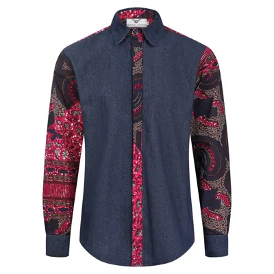 Ohema Ohene Blue Men's Denim & African Print Cotton Shirt – Contrast Panel