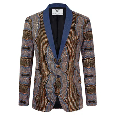 Ohema Ohene Blue Men's Denim Shawl Collar African Print Blazer