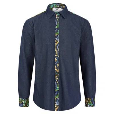 Ohema Ohene Men's Denim & African Print Cotton Shirt- Green Floral