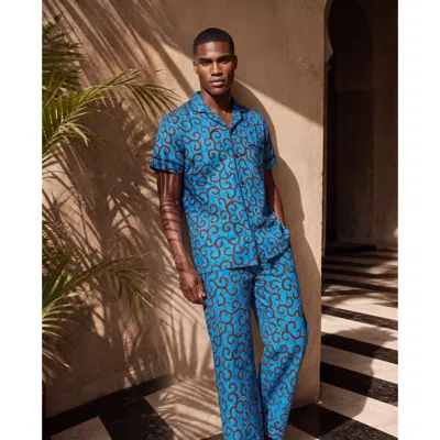 Ohema Ohene Men's Unisex Blue African Print Cotton Trouser Pyjama Set