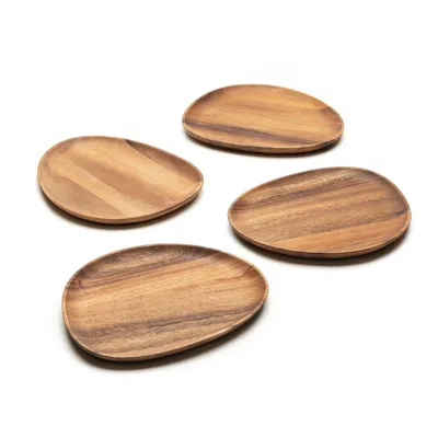 Ohom Neutrals Forēe Wooden Plate Set-large In Brown