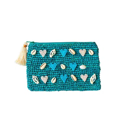Ohsun Women's Blue / White Juno Embroidered Raffia Clutch - Turquoise In Blue/white