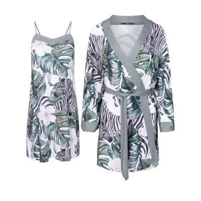 Oh!zuza Night&day Green / White Gift Set - Printed Chemise & Peignoir - Multicolour In White/green