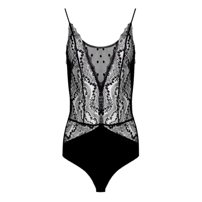 Oh!zuza Night&day Women's Black French Leavers Lace - Bodysuit - Polka Dot Mesh