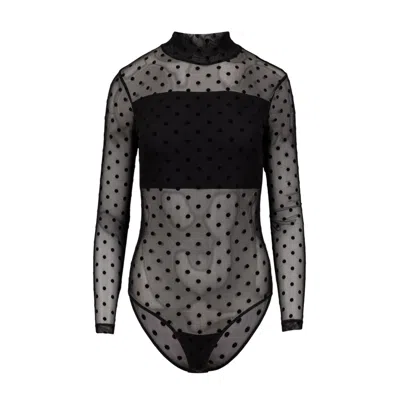 Oh!zuza Night&day Women's Black Sheer Bodysuit With Turtleneck - Polka Dot Soft Tulle