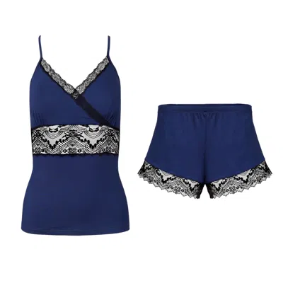 Oh!zuza Night&day Women's Blue / Black Cami & Shorts Set - Short Pj - French Leavers Lace In Blue/black