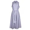Oh!zuza Night&day Women's Blue / White Echo Striped Cotton Midi Shirt Dress With Belt & Pockets