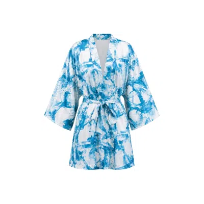 Oh!zuza Night&day Women's Blue / White Frida Satin Viscose Short Kimono Robe - Blue Print
