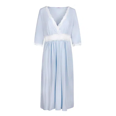Oh!zuza Night&day Women's Blue / White Midi Nightgown, Soft Viscose & Lace In Blue/white