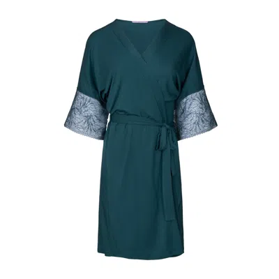 Oh!zuza Night&day Women's Bottle Green Midi Bathrobe - Soft Viscose & Lace