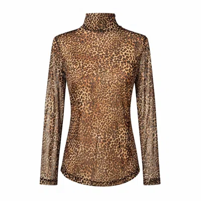 Oh!zuza Night&day Women's Brown / Black Sheer Leopard Print Mesh Turtleneck Top In Multi