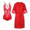 Oh!zuza Night&day Women's Gift Set – Lace Bodysuit & Peignoir - Red In Red