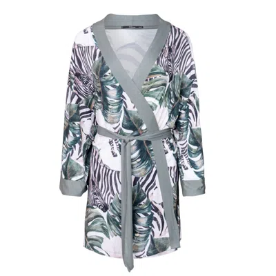 Oh!zuza Night&day Women's Green / White Robe - Breathable Viscose With Zebra & Monstera Print In Green/white