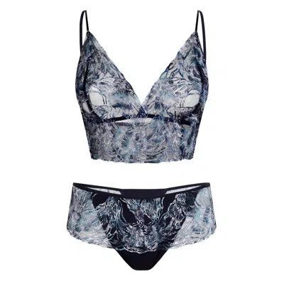Oh!zuza Night&day Women's Mystery Flocked Tulle Lingerie Set Bralette & Brazilian Briefs – Black