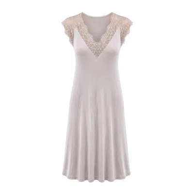Oh!zuza Night&day Women's Neutrals Aurora Viscose Midi Nightdress Lace Sleeves - Almond Milk