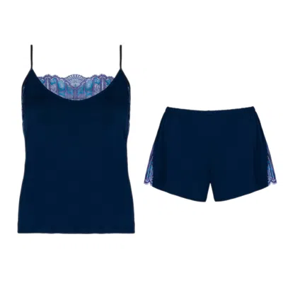 Oh!zuza Night&day Women's Pajamas Set Of Camisole & Shorts With Two-color Lace - Marine Blue