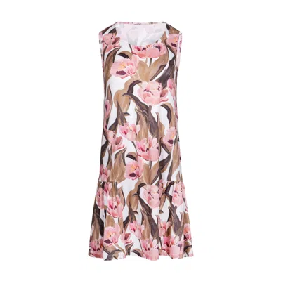 Oh!zuza Night&day Women's Pink / Purple / Green Flowy Off-shoulder Dress, Tulip Blossom Print In Pink/purple/green