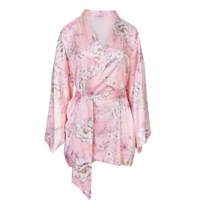 Oh!zuza Night&day Women's Pink / Purple / White Satin Kimono With Floral Print - Good Mood In Pink/purple/white