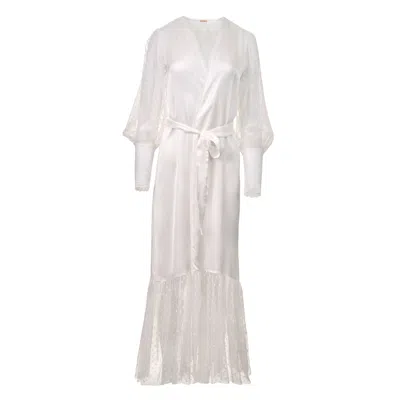 Oh!zuza Night&day Women's White Long Satin Robe With Polka Dot Tulle & Lace – Ivory