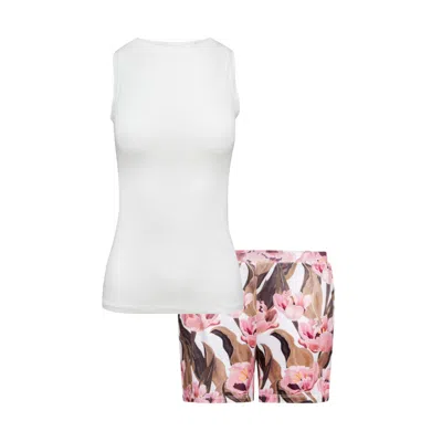 Oh!zuza Night&day Women's White / Pink / Purple Soft Cream Tulip Blossom Short Pyjama Set In White/pink/purple