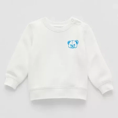 Okie Dokie Baby Boys Round Neck Fleece Long Sleeve Sweatshirt In White