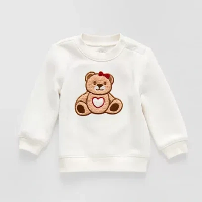 Okie Dokie Baby Girls Round Neck Fleece Embroidered Long Sleeve Sweatshirt In White