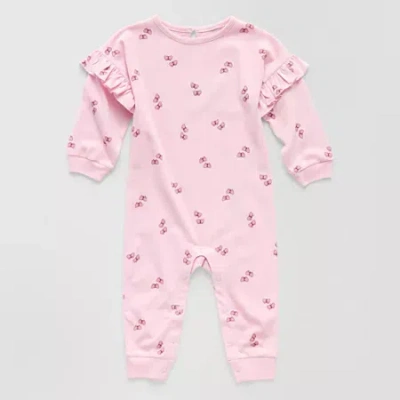 Okie Dokie Baby Girls Round Neck Long Sleeve Jumpsuit In Pink