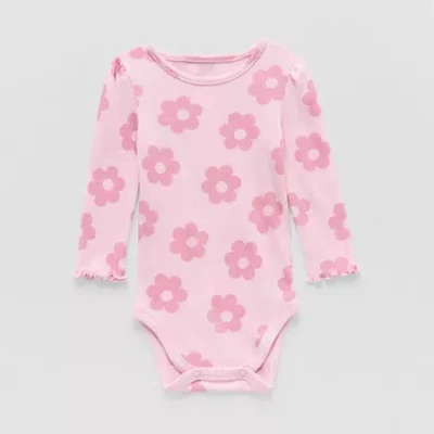 Okie Dokie Baby Girls Round Neck Long Sleeve Rib Bodysuit In Pink