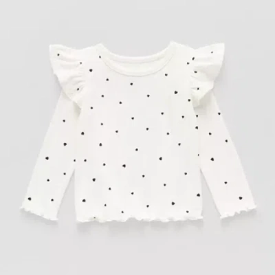 Okie Dokie Baby Girls Round Neck Long Sleeve T-shirt In White