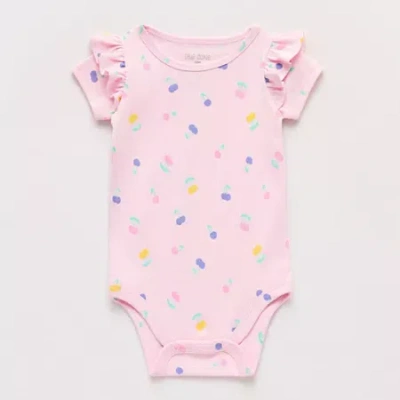 Okie Dokie Baby Round Neck Short Sleeve Rib Bodysuit In Pink