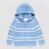 Okie Dokie Fuzzy Baby Boys Hooded Long Sleeve Zipper Striped Cardigan In Blue