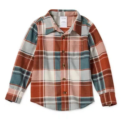 Okie Dokie Soft Knit Plaid Toddler & Little Boys Long Sleeve Cuffed Regular Fit Button-down Shirt In Brown