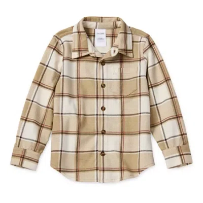 Okie Dokie Soft Knit Plaid Toddler & Little Boys Long Sleeve Cuffed Regular Fit Button-down Shirt In Sand