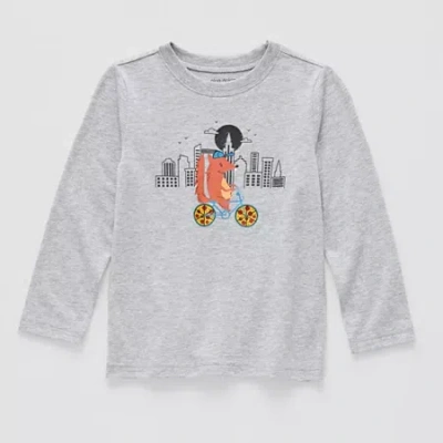 Okie Dokie Toddler & Little Boys Crew Neck Long Sleeve Regular Fit Graphic T-shirt In Gray