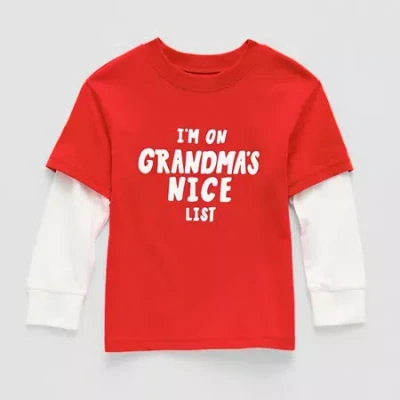 Okie Dokie Toddler & Little Boys Round Neck Long Sleeve Regular Fit Graphic T-shirt In Red