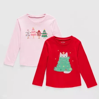 Okie Dokie Toddler & Little Girls Round Neck Long Sleeve Regular Fit 2-pc. Graphic T-shirt In Red