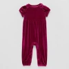 Okie Dokie Velour Baby Girls Round Neck Long Sleeve Jumpsuit In Red