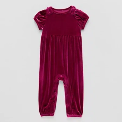 Okie Dokie Velour Baby Girls Round Neck Long Sleeve Jumpsuit In Red