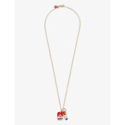 Oks Womens Gold Cigarette Box And Butt 14ct Yellow-gold And Porcelain Pendant Necklace